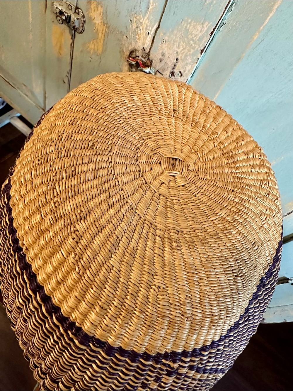 Woven Straw Basket Tote Bag with Brown Leather Handles - Natural/Navy - Picture 6 of 7